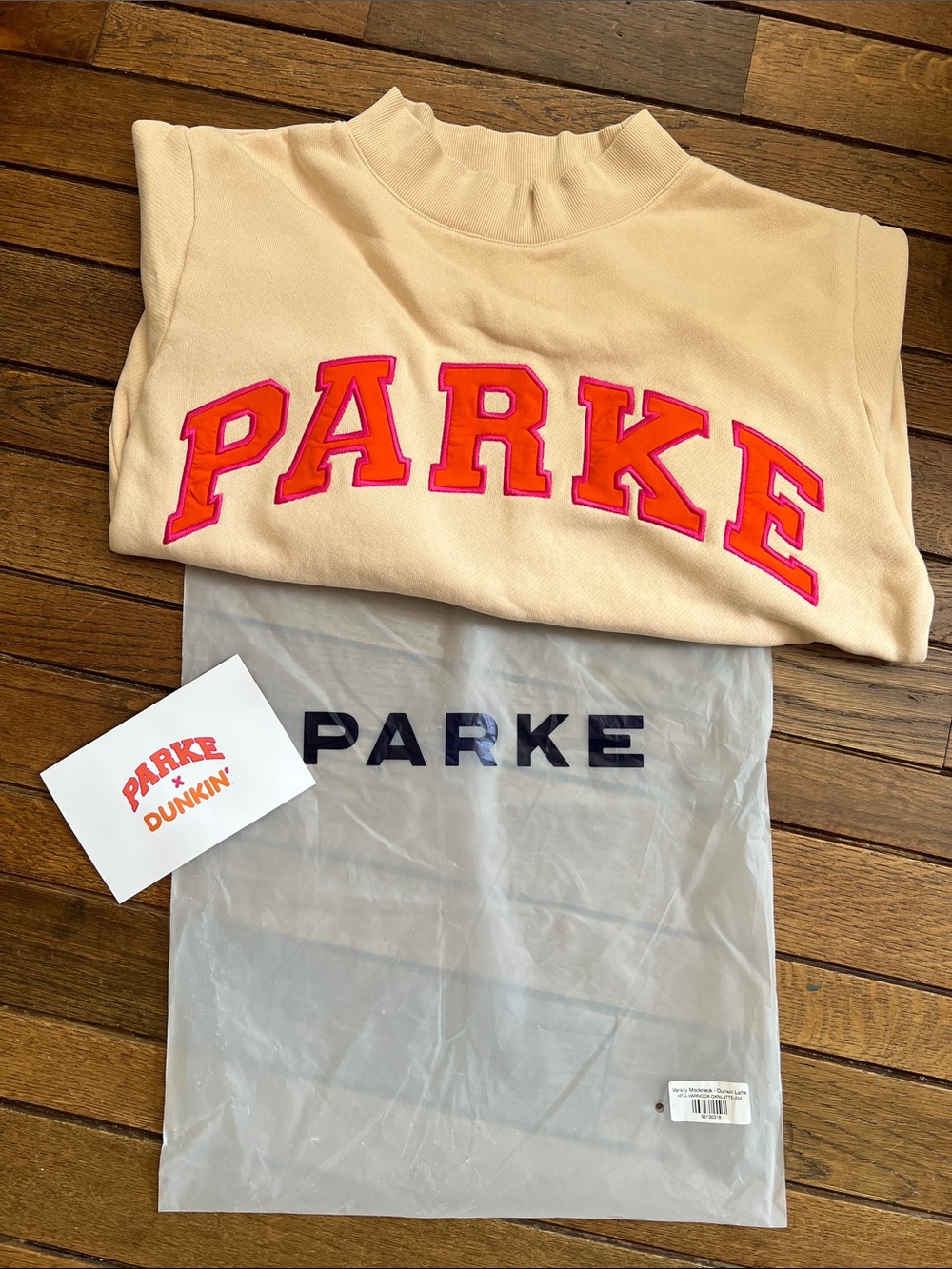 PARKE Dunkin Latte Varsity Mockneck Sweatshirt Heritage Size S/M NEW IN BAG